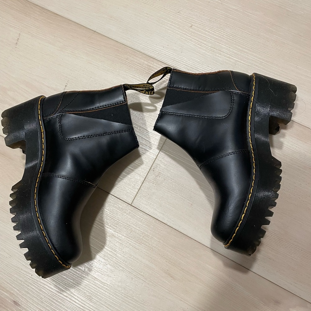 Dr. Martens Black Leather Platform Ankle Boots with Yellow Stitching